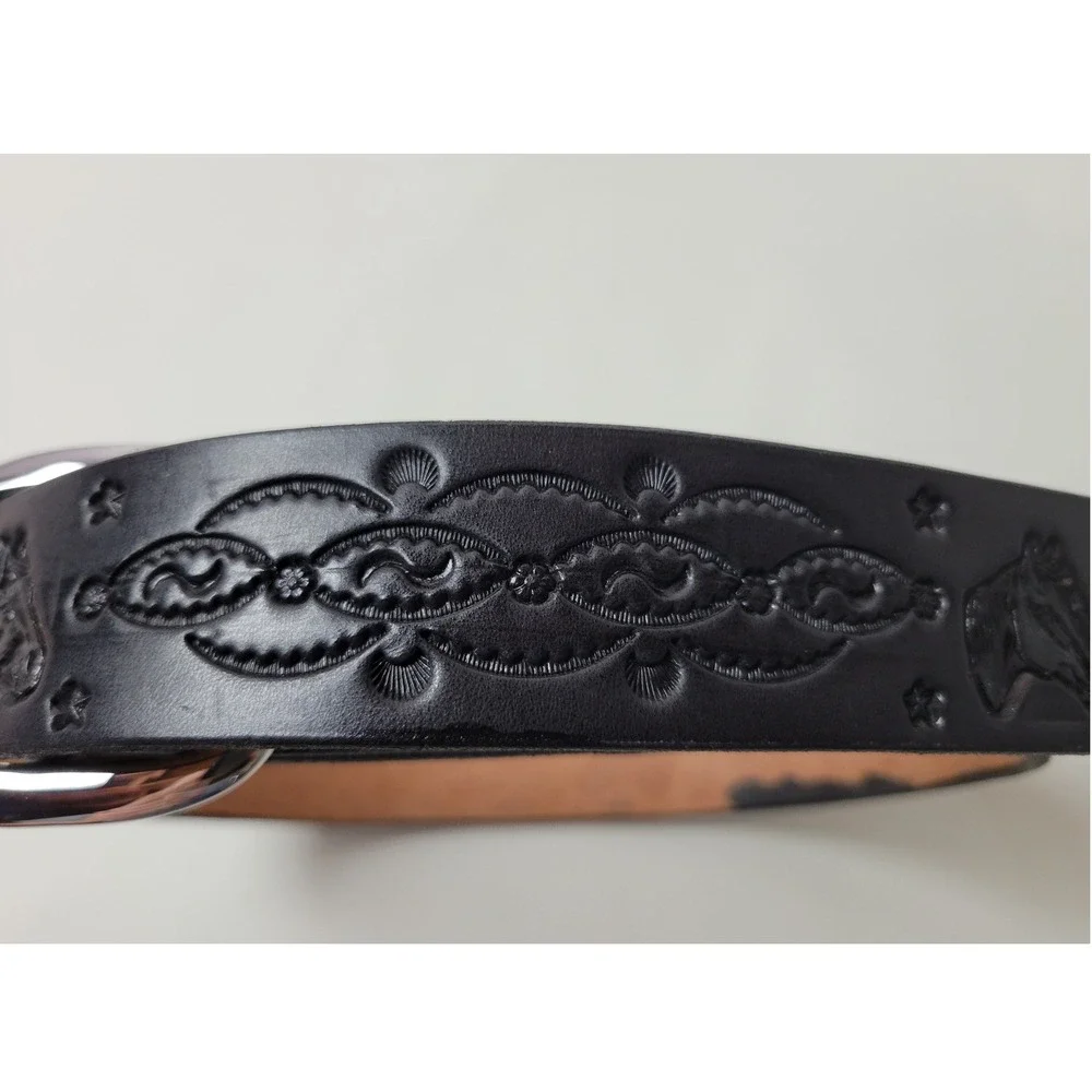 Dennis Knight Black Tooled Leather Horse‎ Head Belt Solid Brass Buckle USA Made